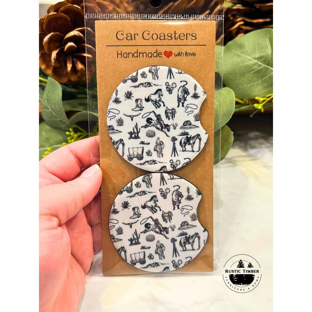 Western Toile Car Coasters - Mini Print